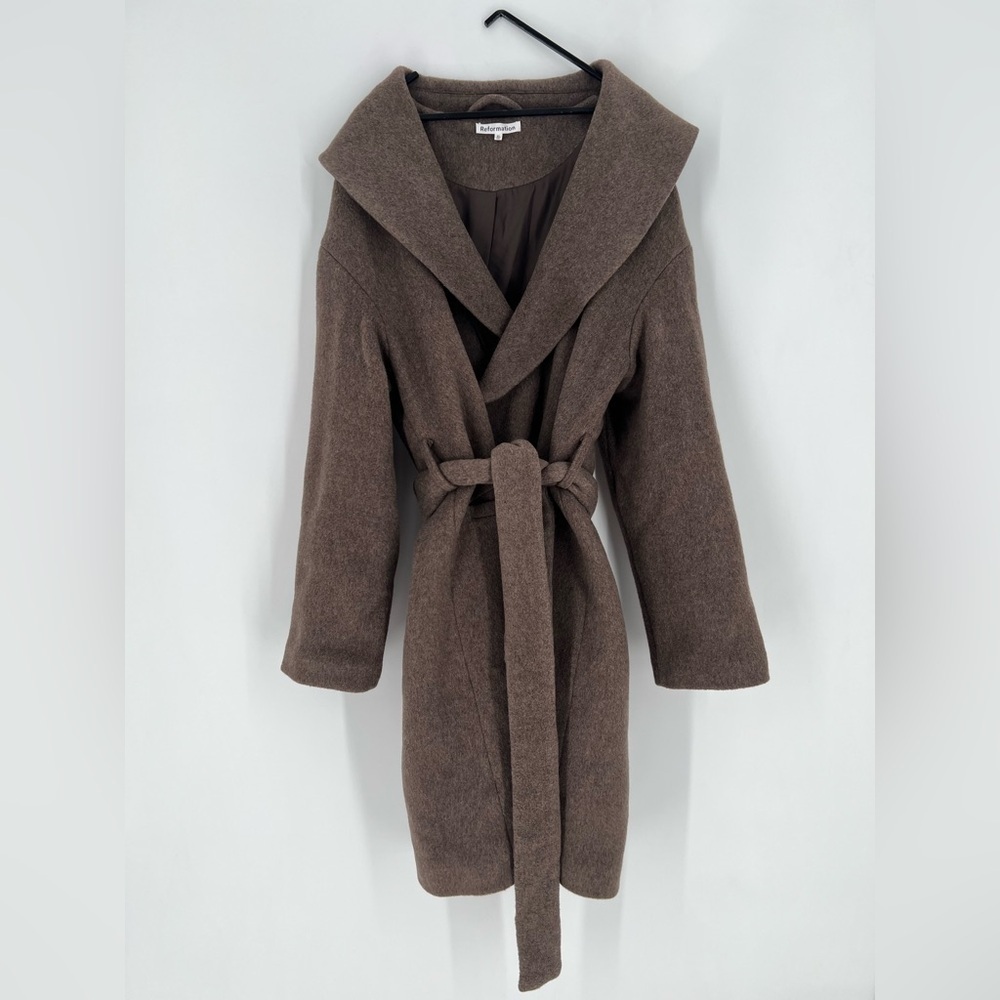Reformation Kerri Wool Blend Long Knee Length Shawl Belted Wrap Coat